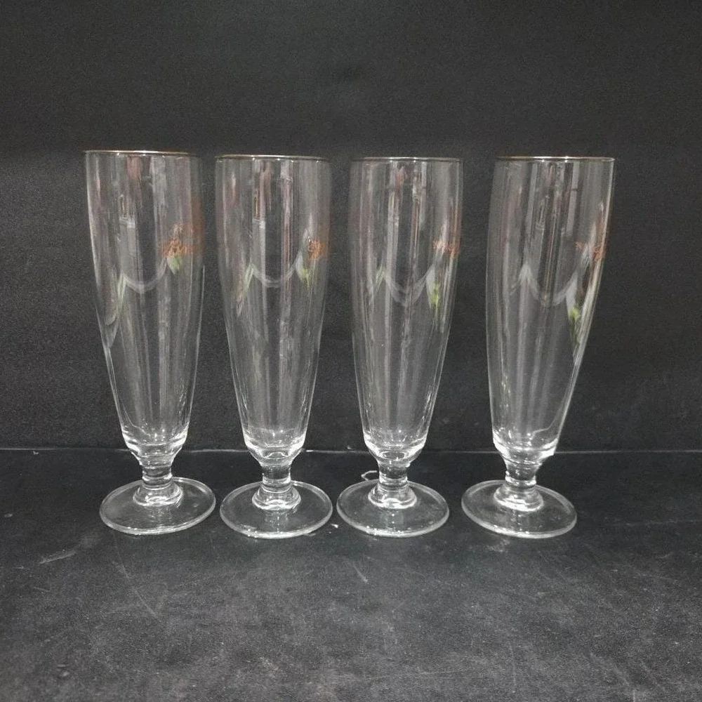 Budweiser Clydesdales Pilsner Glasses, Set of 4, Gold Rimmed Stemware, Drinkware